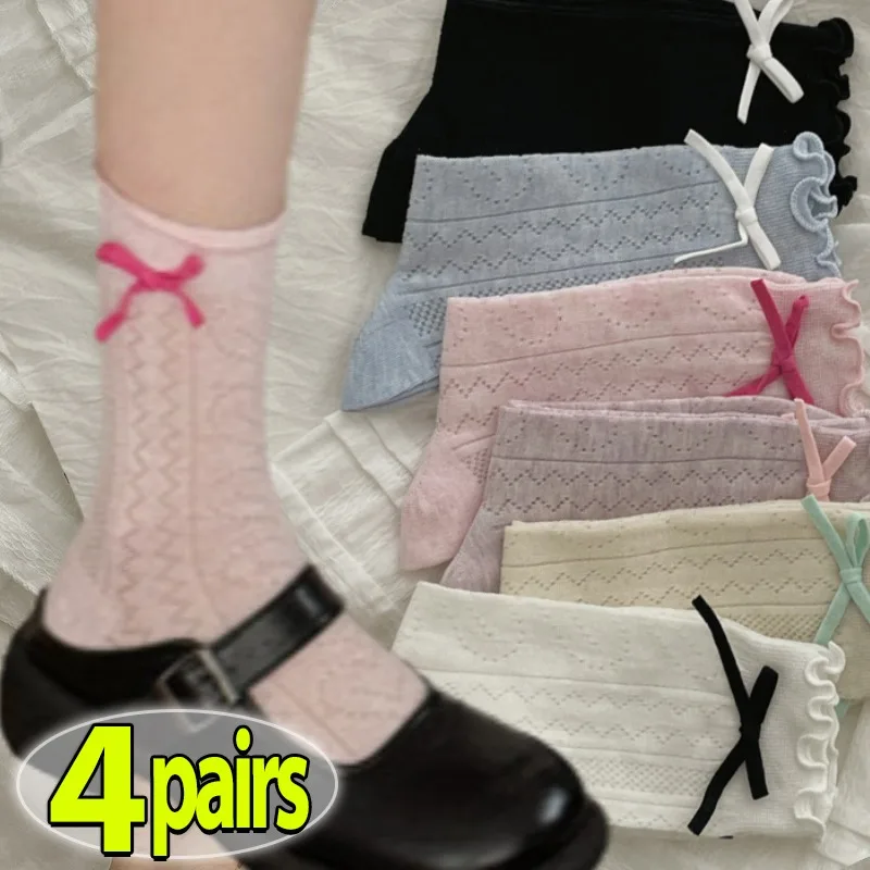 

Lolita Solid Color Black White Socks JK Japanese Style Bandage Bowknot Kawaii Socks Women Sweet Girls Cute Cotton Long Socks Sox