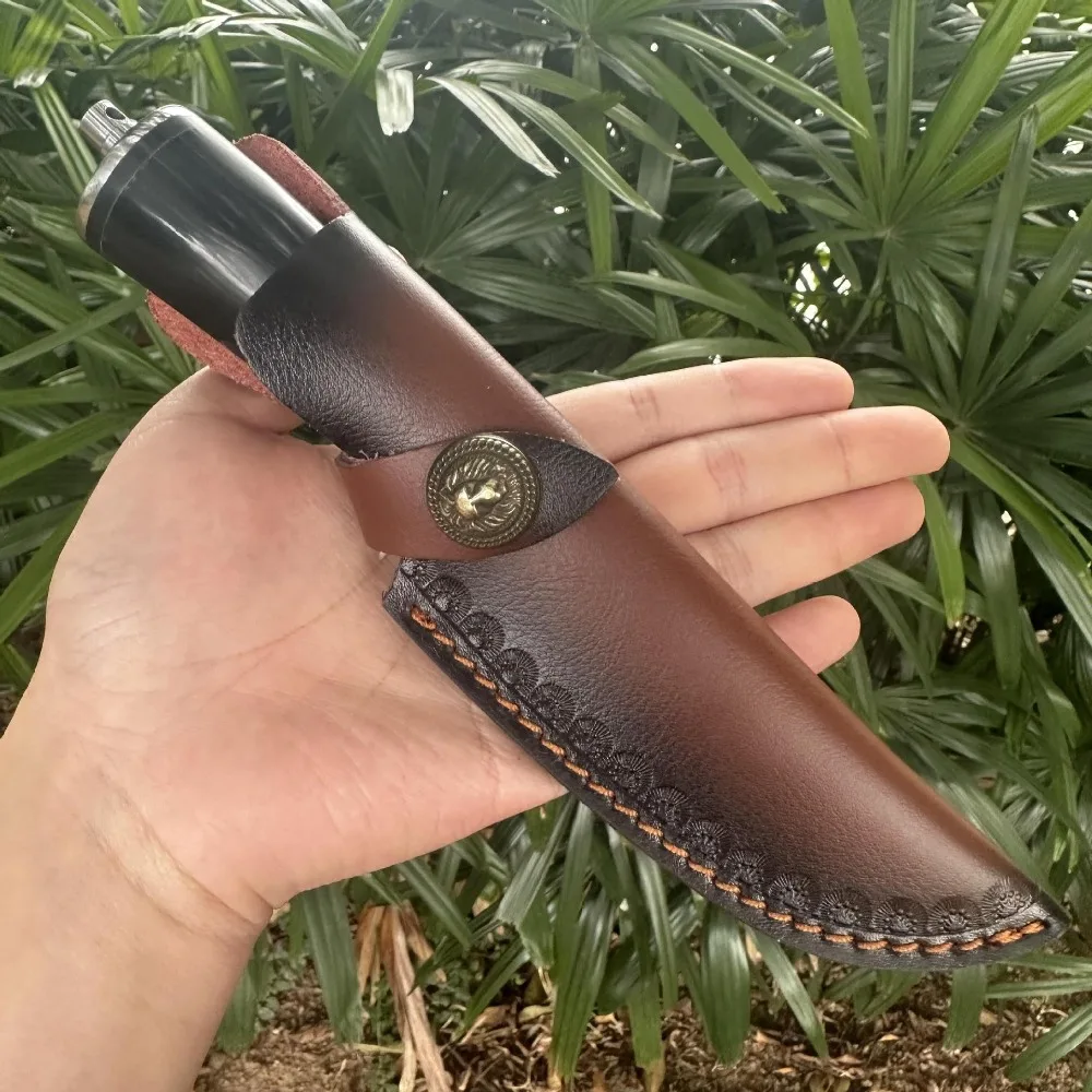 Outdoor straight knife Damascus VG10 hammer mirror blade cow bone handle cowhide knife set collection of high-quality knives