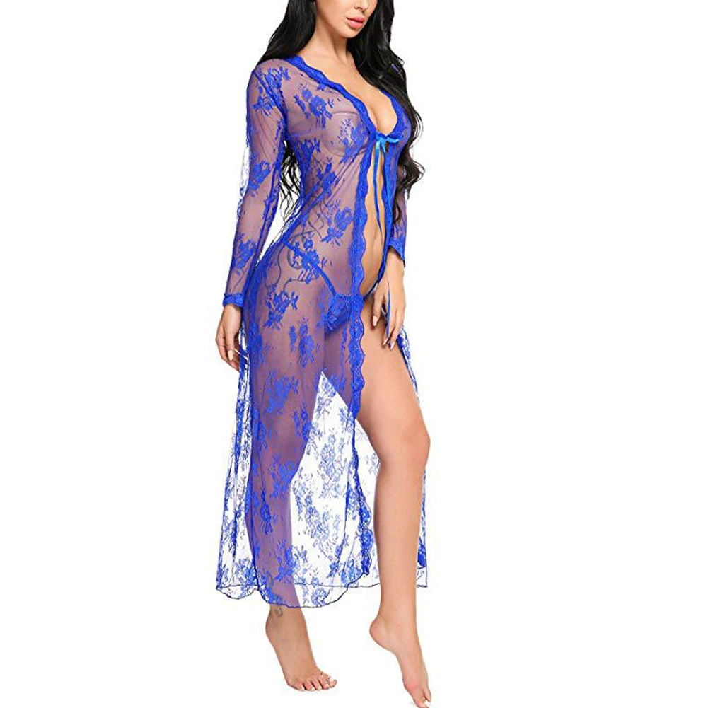 Women Nightrobe Sexy Transparent Lingerie Long Lace Dress Sheer See Through Kimono Robe Dress Nightgown Exotic Costumes