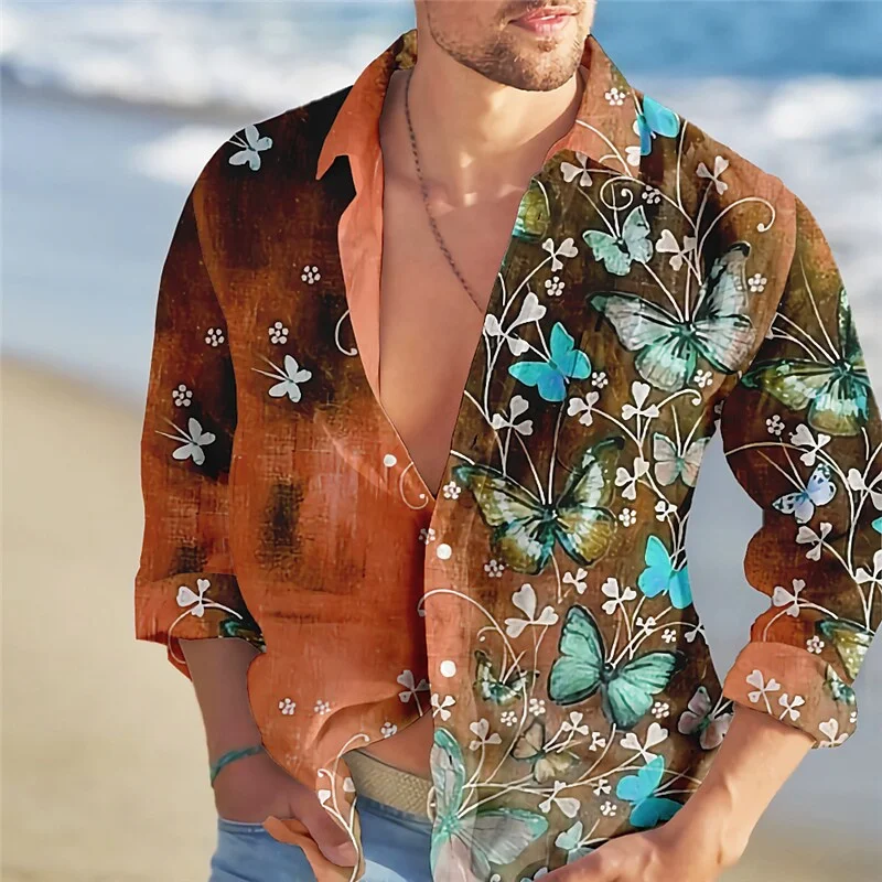 2023 Men's Long Sleeve Shirt Fashion Trend Butterfly Colorful Flower Pattern HD Graphics Casual Outdoor Street Men's Clothing