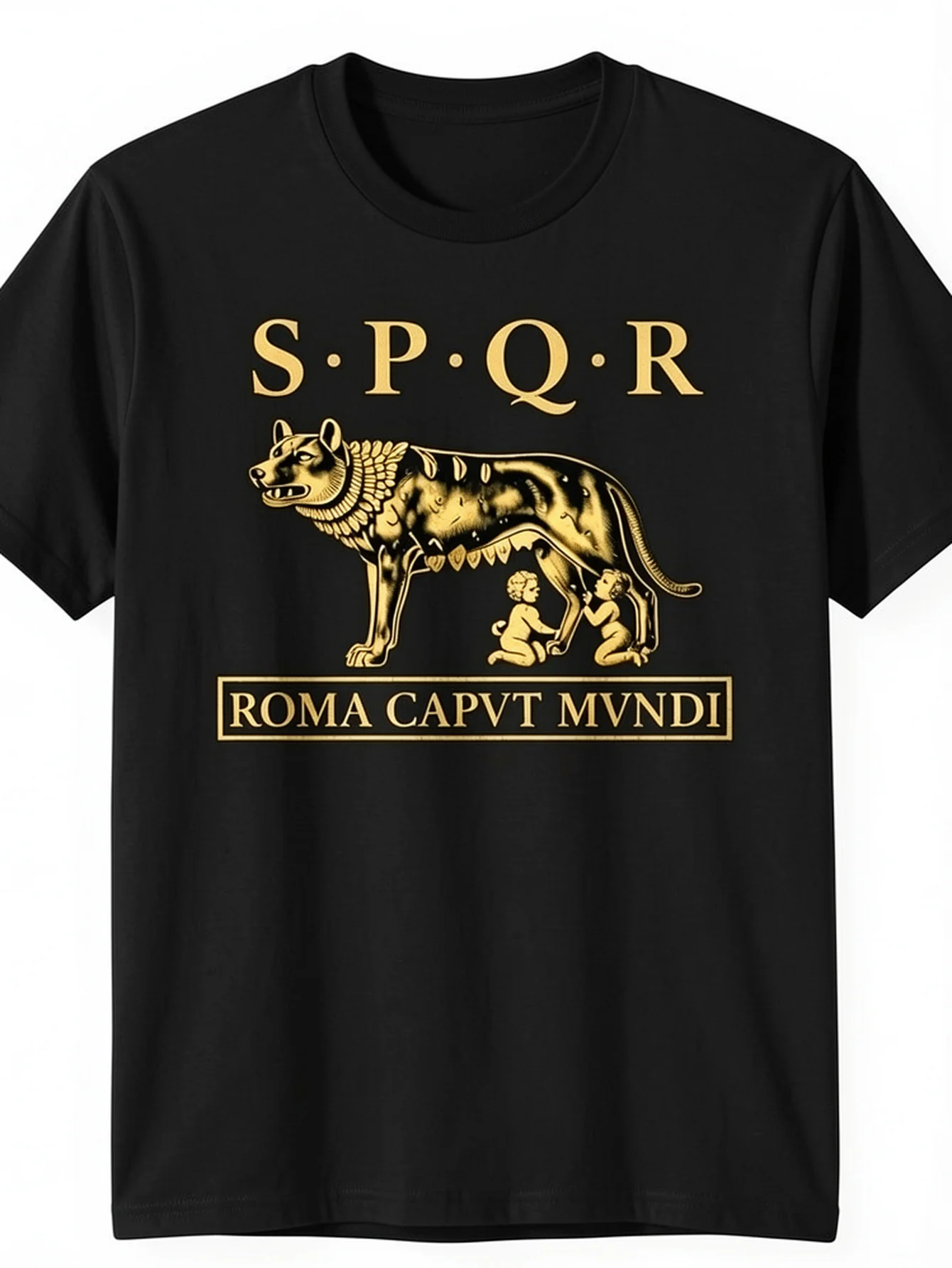 Camiseta Masculina SPQR Roma Caput Mundi com Inscrição Latina, Estampa de Lobo e SPQR da Roma Antiga, Camisa Casual Histórica de Manga Curta