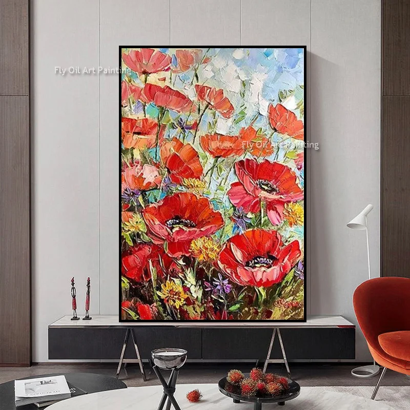 Handmade New Design Red Flowers Filed Canvas Thick Artwork For Room Hall Decor White Yellow Florals Modern Oil Painting As Gifts
