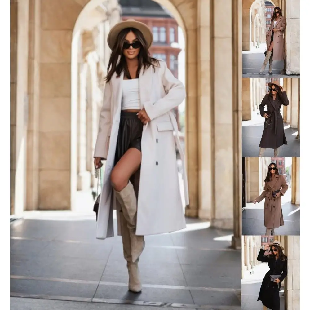 

Ele Long Sved Suit Collar Tied Woolen Coat for Women Winter Faion Polyester Fiber Regular Sve Lengthened Jaet