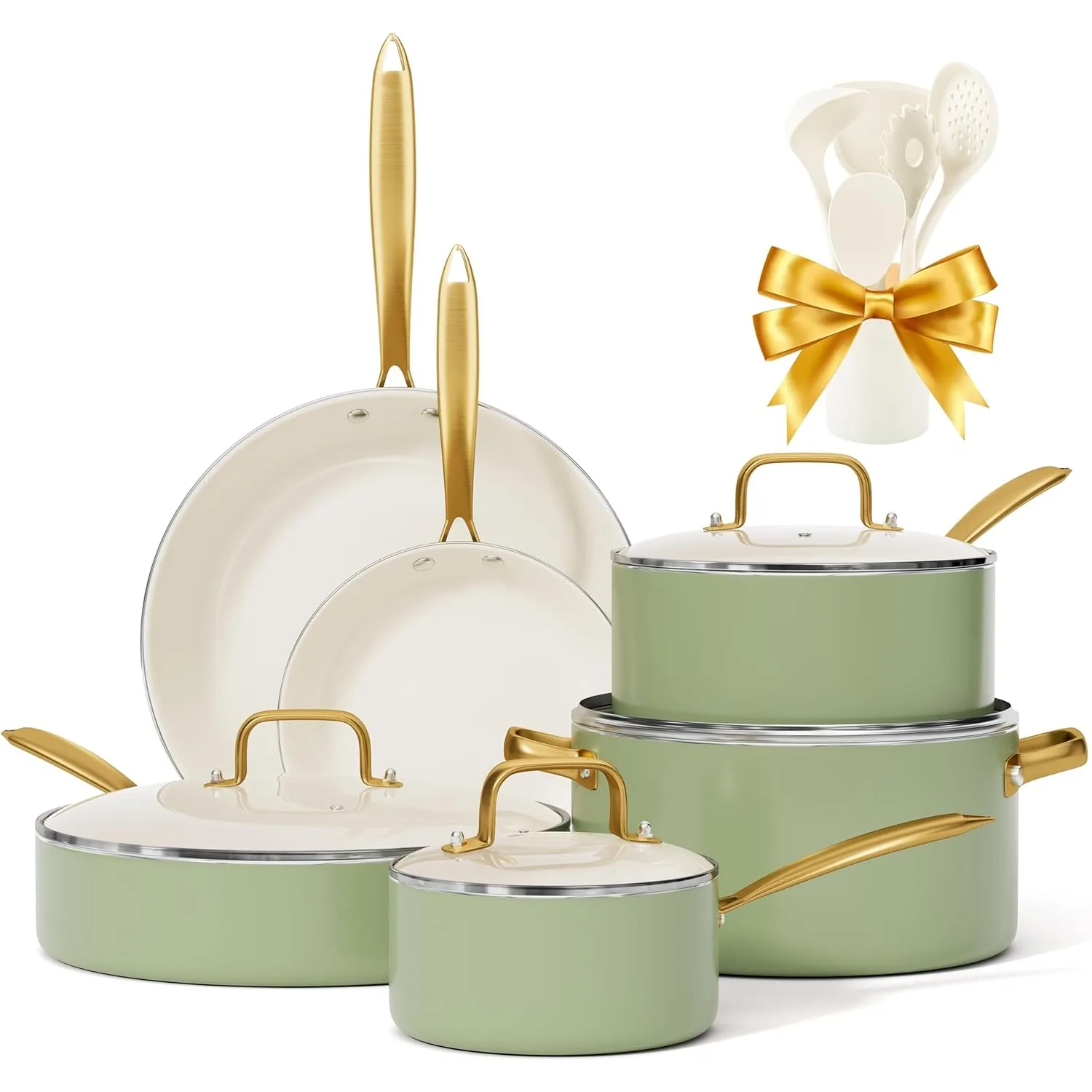 

Набор посуды с антипригарным покрытием, керамические кастрюли и сковородки, нетоксичный, стильный и gif-стол, 24,8 x 17,1 x 9,5 дюйма