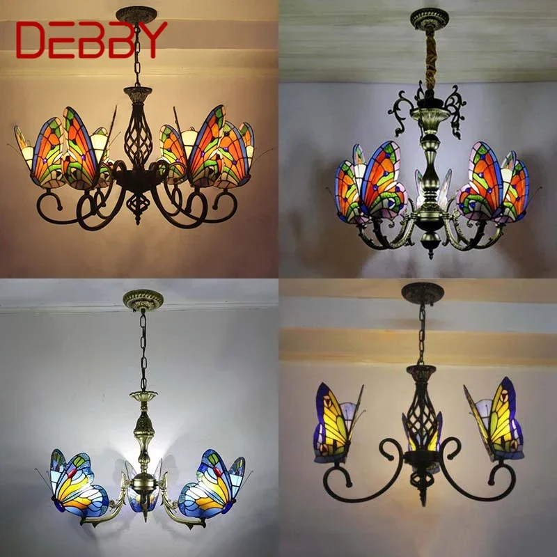 

DEBBY Tiffany Butterfly Chandelier LED Vintage Creative Color Glass Pendant Lamp Decor for Home Living Room Bedroom Hotel