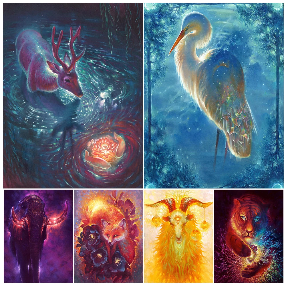 Crystal Crane And Bear,Holy Goat And Kirin Wall Art Print Mandala And Elephant Magic Animal Art Poster And Print Home Decoration