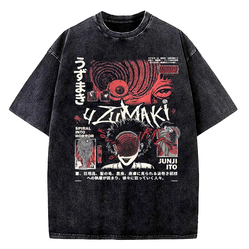 Junji Ito cotton Vintage Washed top tees men streetwear 2000s harajuku  aesthetic t shirt Colorful 80s Gothic Breathable