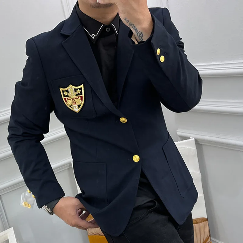 Night Show Men Korean Fashion Stylist Blazer Slim Fit Badge Embroidered Trendy Jacket Suit Collar High Quality Blazer Men