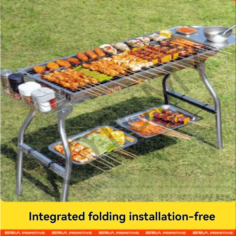 Portable Outdoor Stainless Steel Charcoal Grill Large Size Barbecue Tool Free Installation Handle Folding BBQ Cooking