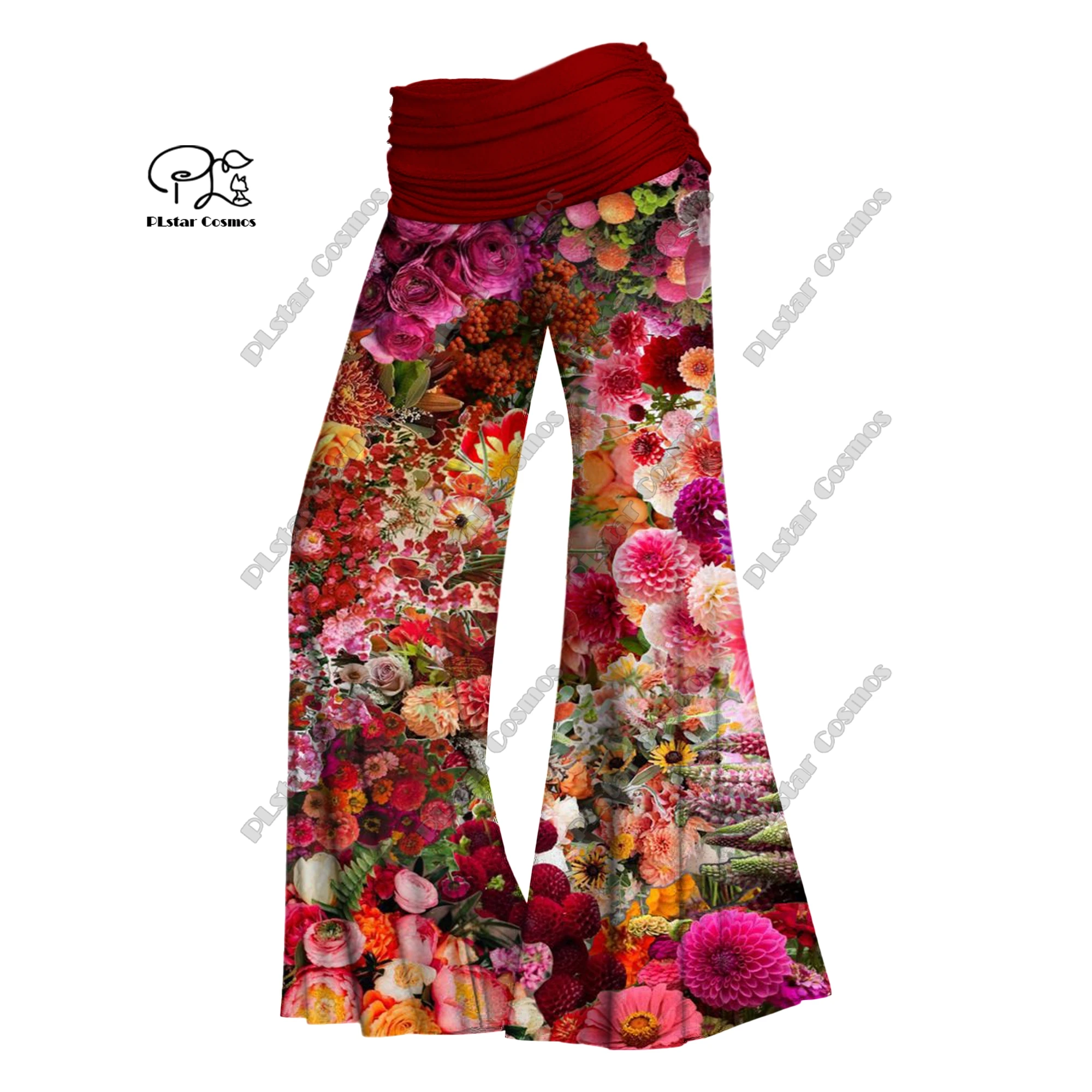 PLstar Cosmos 3D printed women's colorful small floral wide-leg pants waistband folding elastic waist pants casual H-4