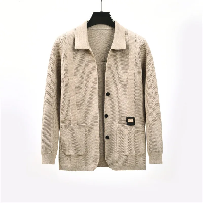 Men Lapel Knitted Cardigan Solid Color Simple Casual Sweater Coat Spring Autumn Fashion Outerwear