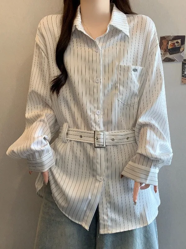 

Slimming Striped Long Sve irt Women's Base Layer Belted Waist in Spring plus Size Comfortable Polyester Commute Sle