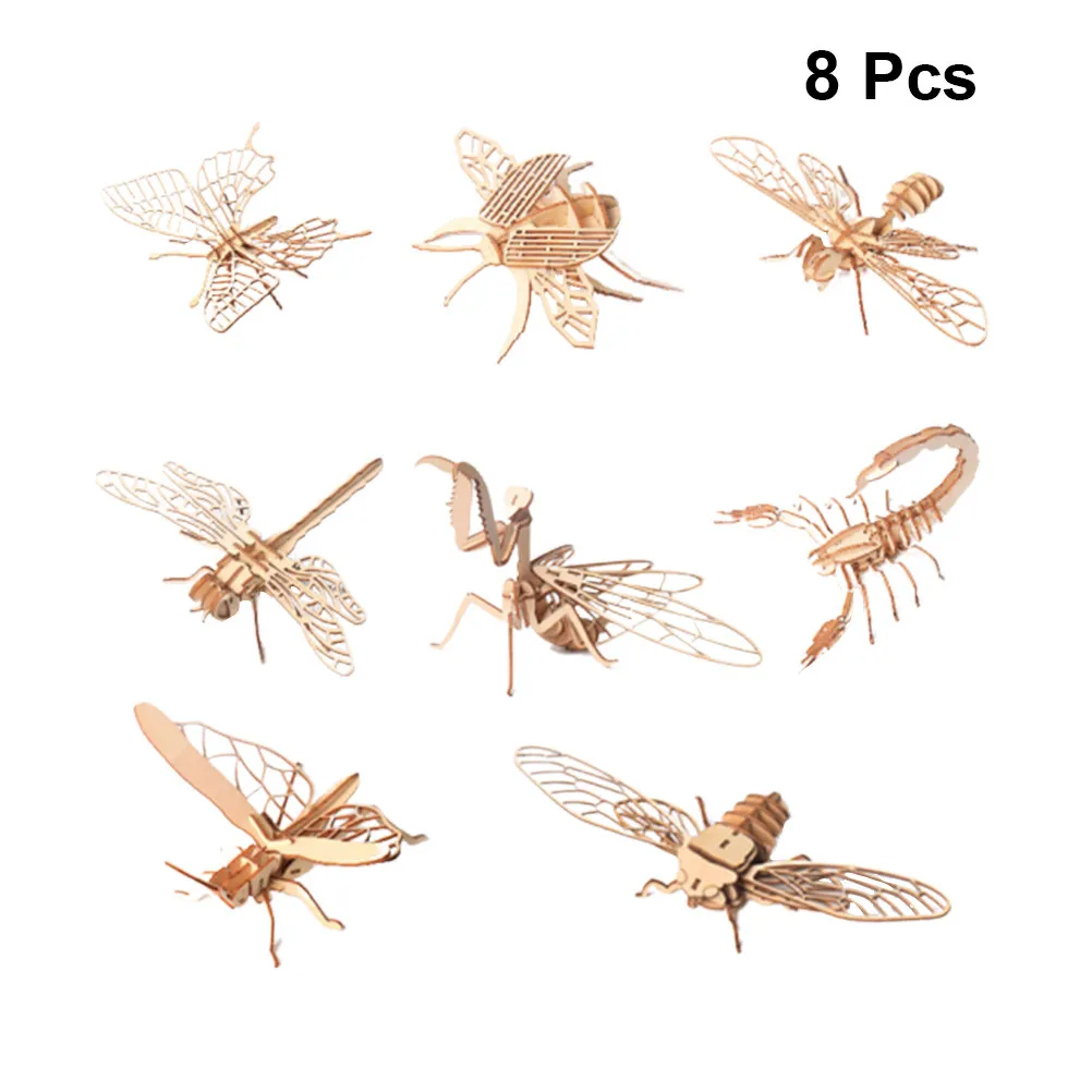 8Pcs Insect Puzzle 3D Wooden Animal Shape Handmade Educational Early Learning Kids Puzzle Sorting Brain Teaser Set