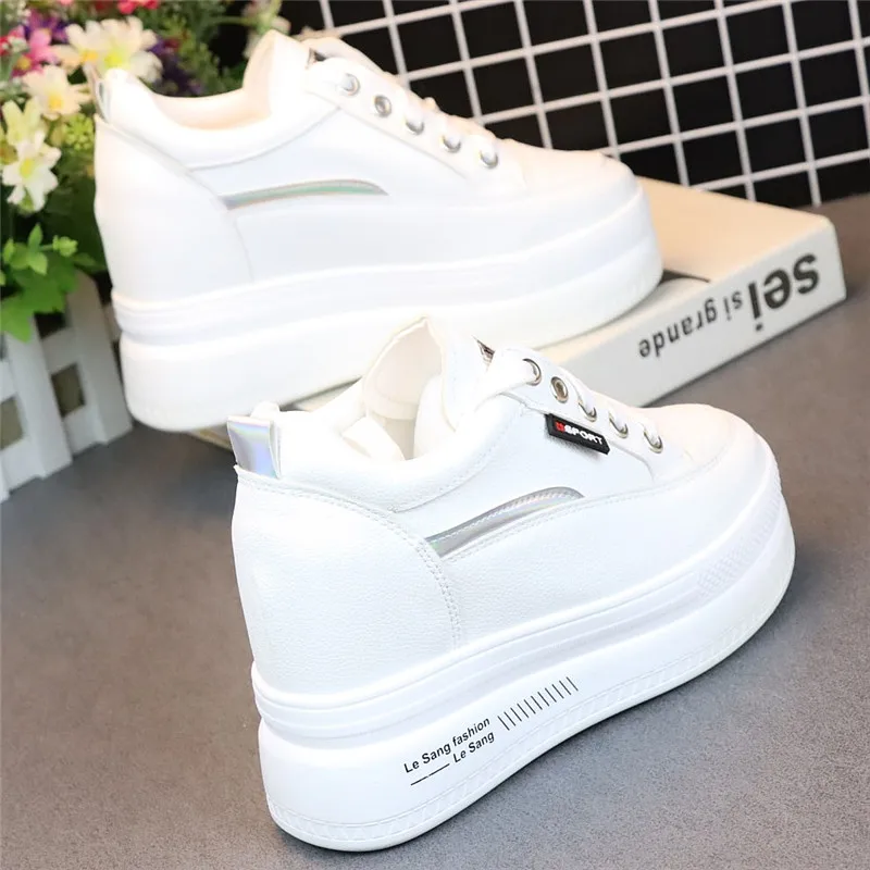 Fashion Women\'s High Platform Casual Shoes Height Increasi leathe Shoes 10 CM Thick Sole Trainers Lady Shoes White Sneakers