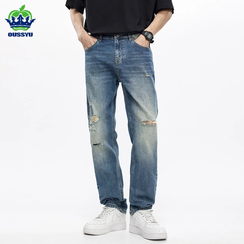 

OUSSYU Brand Trendy Clothing Ripped Hole Jeans Men High Quality Cotton Denim Pants Fashion Pleated Retro Trouser Plus Size 28-40