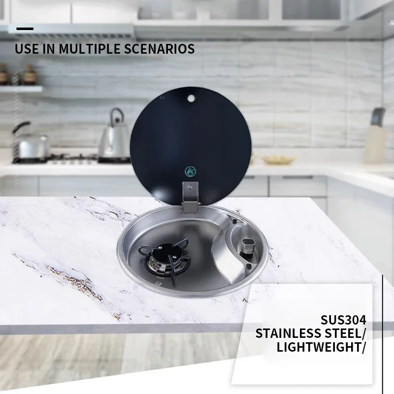 RV Single Burner Round Gas Stove SUS304 Stainless Steel With Glass Cover For Yacht Caravan