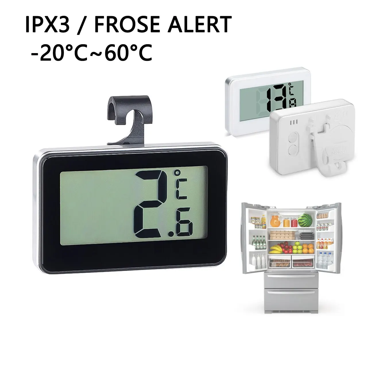 IPX3 디지털 온도계, 냉장고 냉동고 행잉 후크, 온도 기록계, 습도 계량기, 방수 LCD 디스플레이, 무선 