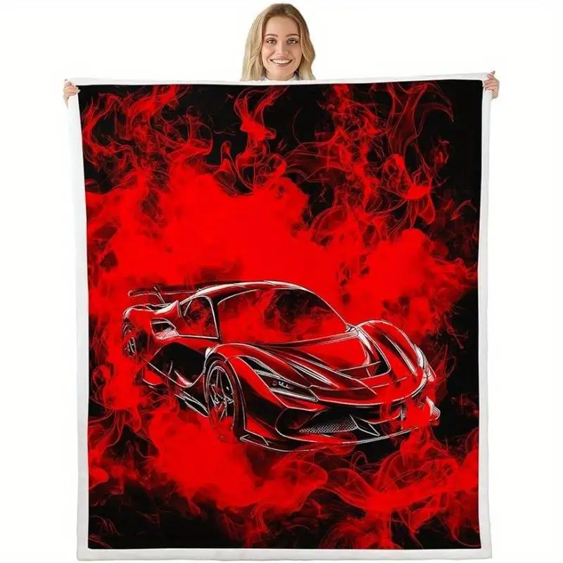 Racing Sports Car Pattern Flannel Blanket Red Flame Smoke Printed Warm Cozy Blanket for Living Room Bedroom Travel