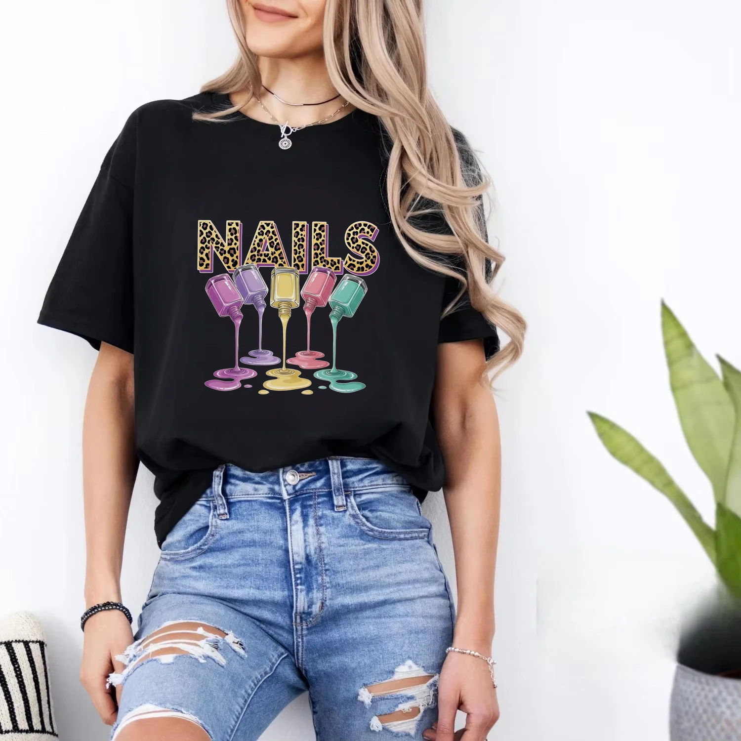 Women Leopard Nails T-Shirt, Colorful Dripping Nail Polish Graphic Tee, Nail Technician Nail Artist Gift Casual Short Sleeve Top