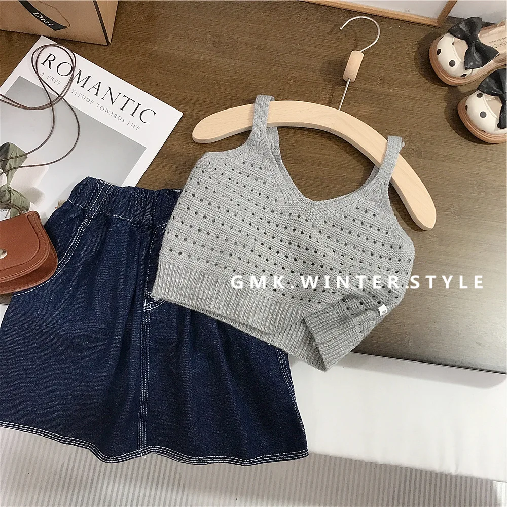 Spring and Summer New Girls Casual Knitted Vest Children Embossed Denim Half Skirt Europe and America Girls Baby Clothes