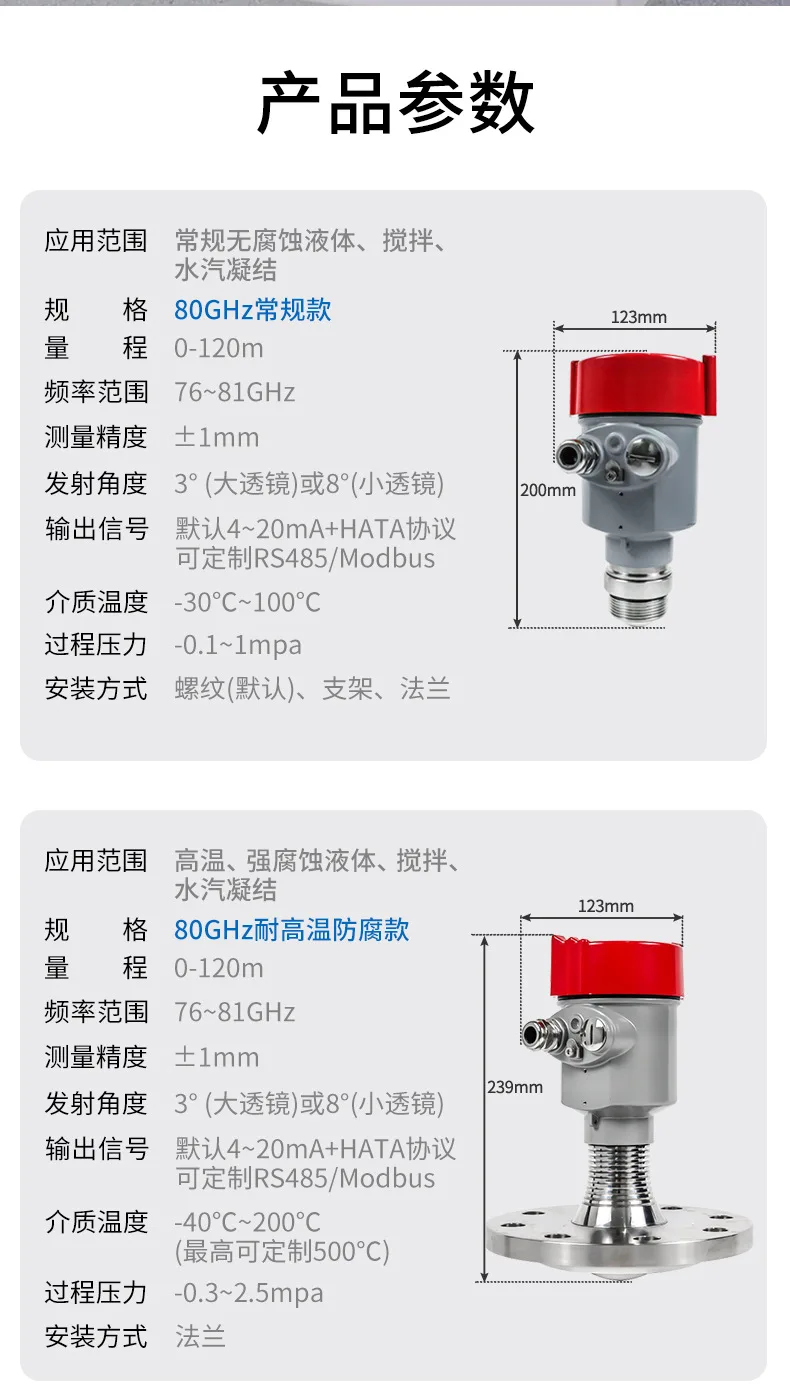 80G High Frequency Radar Liquid Level Gauge Material Level Meter Explosion Proof Anti Corrosion High Precision Water Level