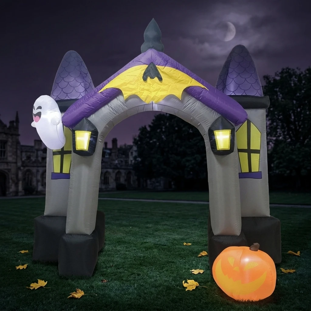 Halloween Inflatable Decor Light Up Inflatable Haunted House Castle Arch With Pumpkin & Ghost Outdoor Yard Decor