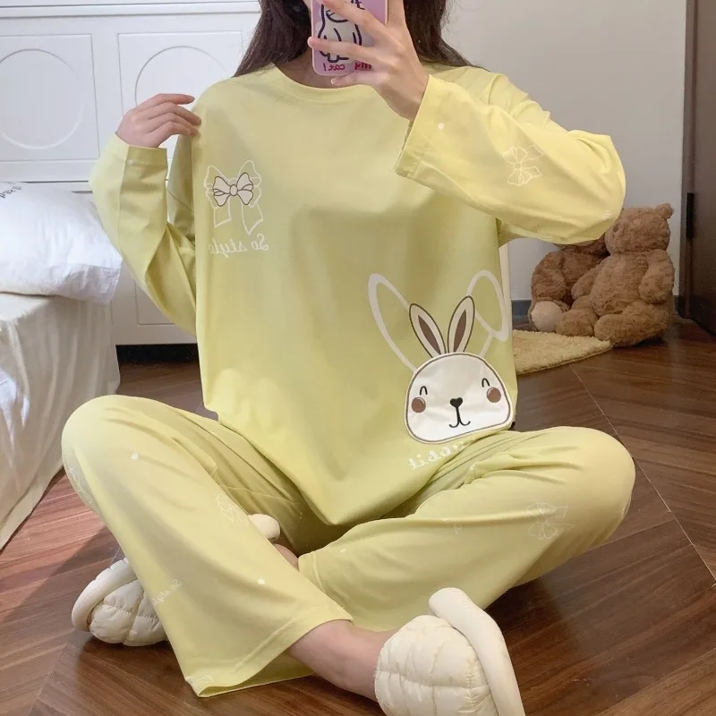 Women Pajamas Spring Pure Cotton Long-Sleeved Korean Style Round Neck Pajamas Suit Female Sweet Cute Loose Homewear Set 2024
