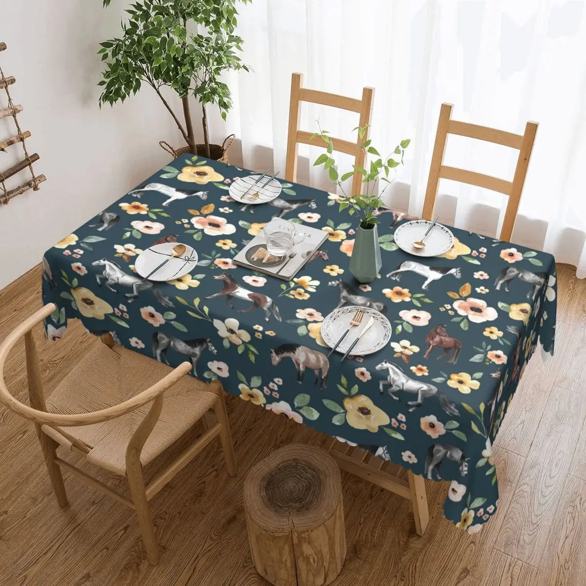 Caballos, razas de caballos florales, animales de granja, mascotas, mantel Rectangular personalizado, cubierta de mesa a prueba de aceite para comedor, eventos, mantel