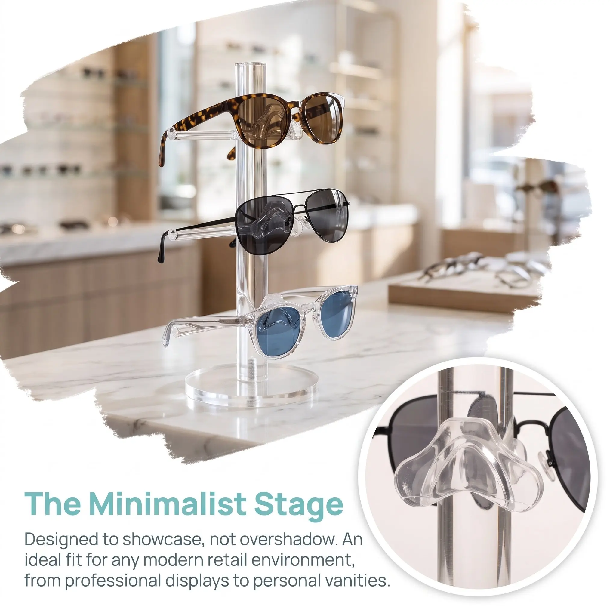 Acrylic Sunglasses Display Rack 3-Tier Modern Minimalist Clear Eyewear Frame Riser Holder for Optical Stores Boutique Windows
