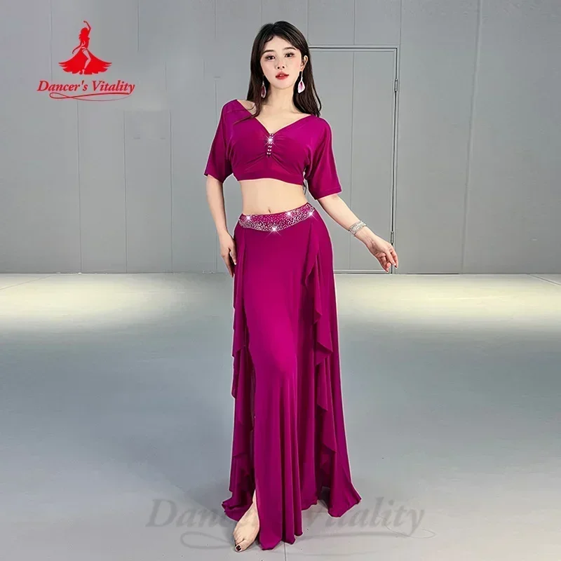 

Belly Dancing Costume Set for Women Light Luxury AB Stones Mesh Practice Clothes Oriental Dance Professional Training Clothing