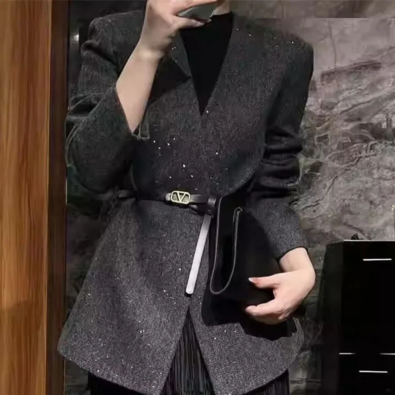 Autumn Women Long Sleeved Top Coat Spring Femme High End Blazer Outwear European Ladies Heavy Industry Sequins Plaid Suit Jacket