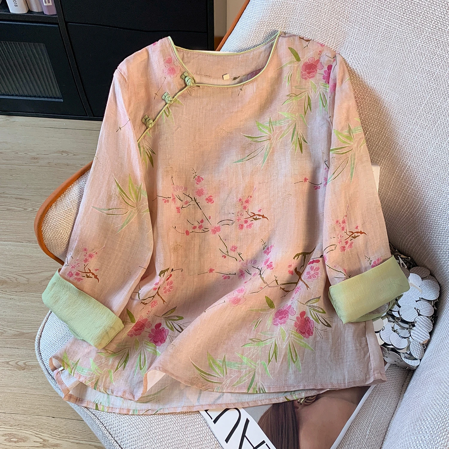 Neue Chinesische Sle runde Ne Gedruckt Flachs irt frauen Frühling Herbst Retro Nationalen Künstlerische Tee Kleidung Elely Geraffte...