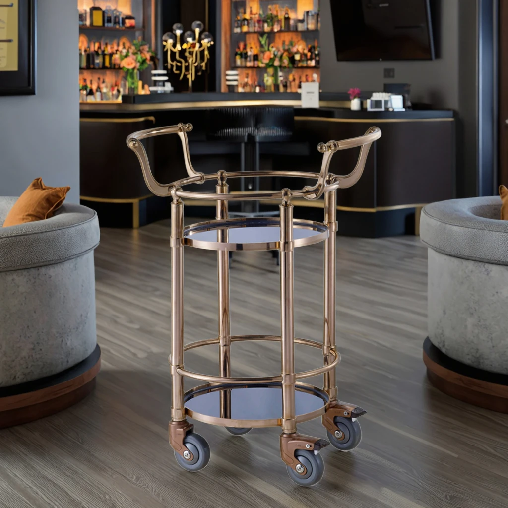Stainless Steel Tempered Glass Modern 4-Wheel Round Drinks Trolley Cocktail & Minibar Cart For Hotel Restaurant Dining Use