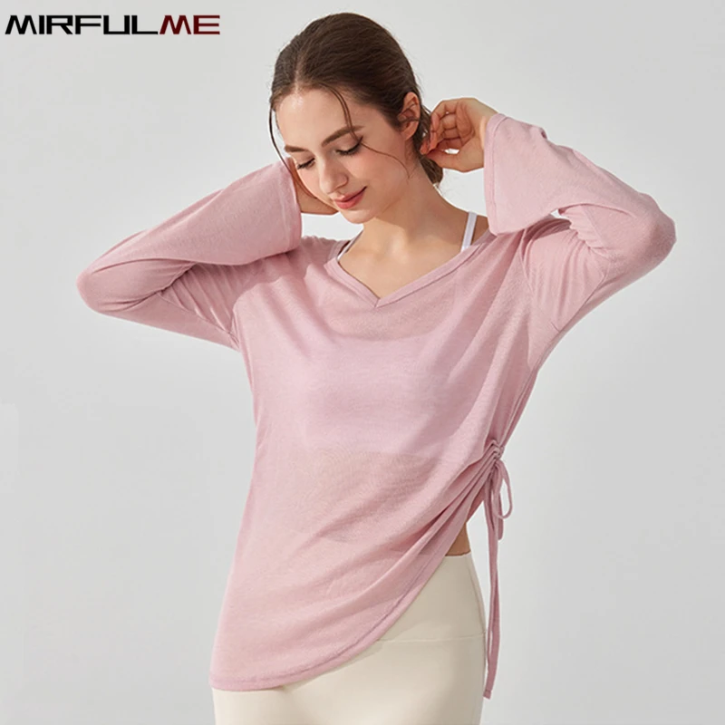 Women Loose Yoga Sport Shirts V-Neck Long Sleeves Running Sweatshirts Thin Breathable Bandage Tops Girls Gym Fitness Tops Blouse