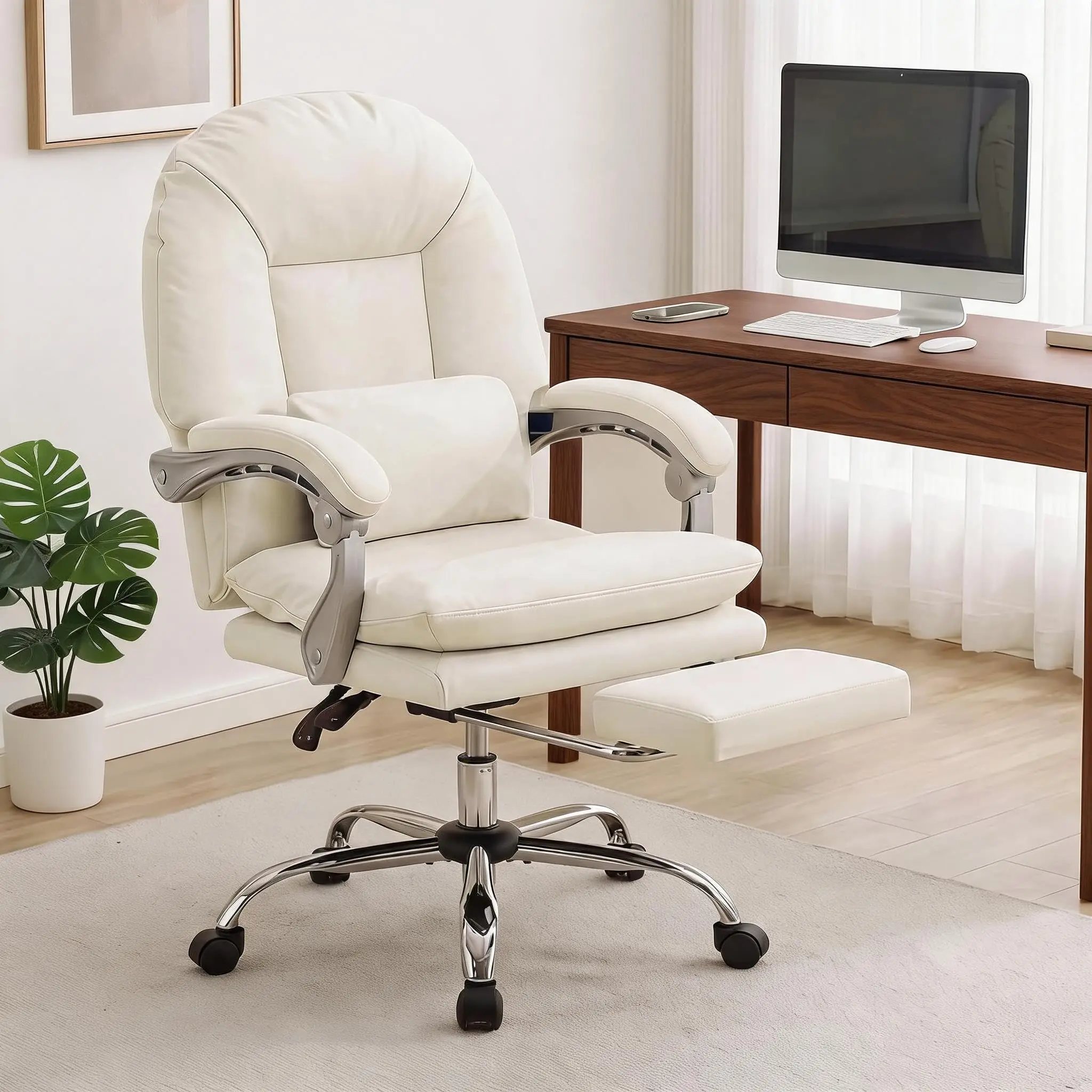 Ergonomic Big and Tall Computer Desk Chair Foot Rest Mid Back Swivel Executive Breathable Leather Office Chair Lumbar Pillow Support Rocking Function
