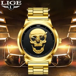 LIGE Top Luxury Brand  Quartz Man Watch Skeleto Creative 3D Skull Stainless Steel Casual Sports Waterproof Clocks Wristwatch+Box