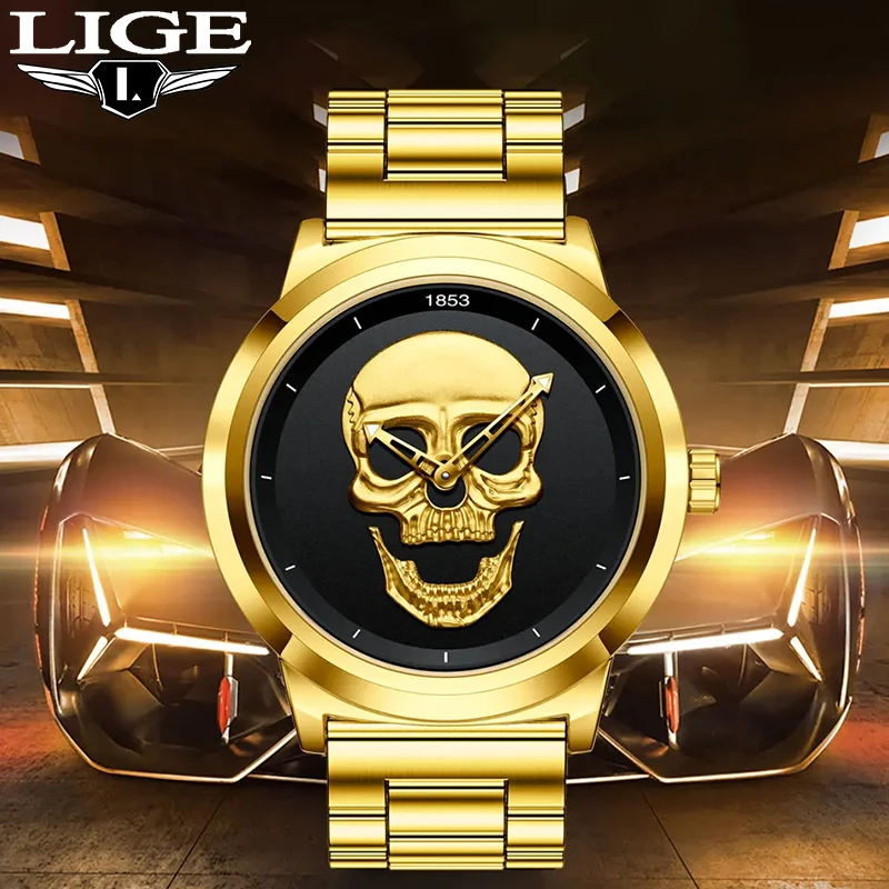 LIGE Top Luxury Brand  Quartz Man Watch Skeleto Creative 3D Skull Stainless Steel Casual Sports Waterproof Clocks Wristwatch+Box