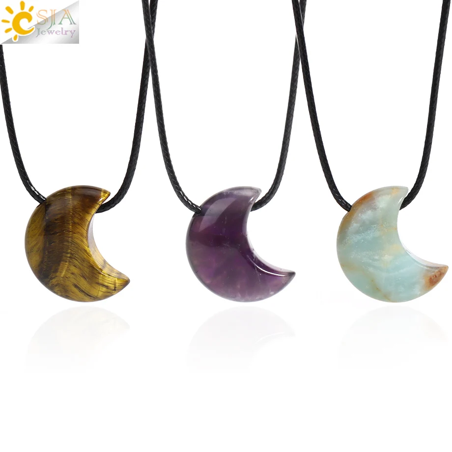 CSJA Crescent Moon Crystal Necklace Natural Stone Pendant Amethysts Pink Quartz Amazonite Labradorit Rope Wrap Necklaces H457