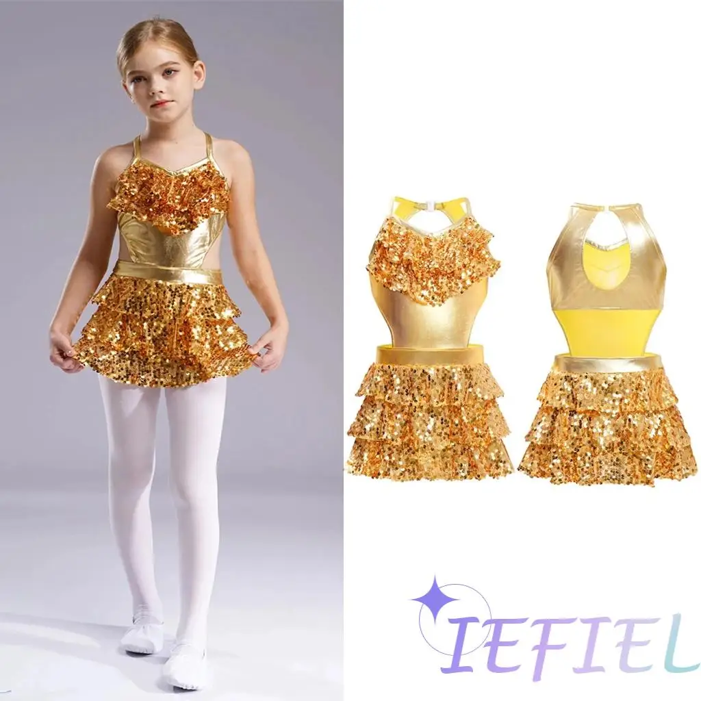 

Girls Cheerleading Dancewear Fancy Dress-up Cutout Metallic Tiered Ruffle Sequins Dresses for Jazz Latin Dance Performance