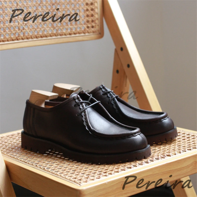 British Style Retro Thick Soled Derby Shoes Trendy Versatile Round Toe Genuine Leather Loafers Outdoor Business Casual Shoes