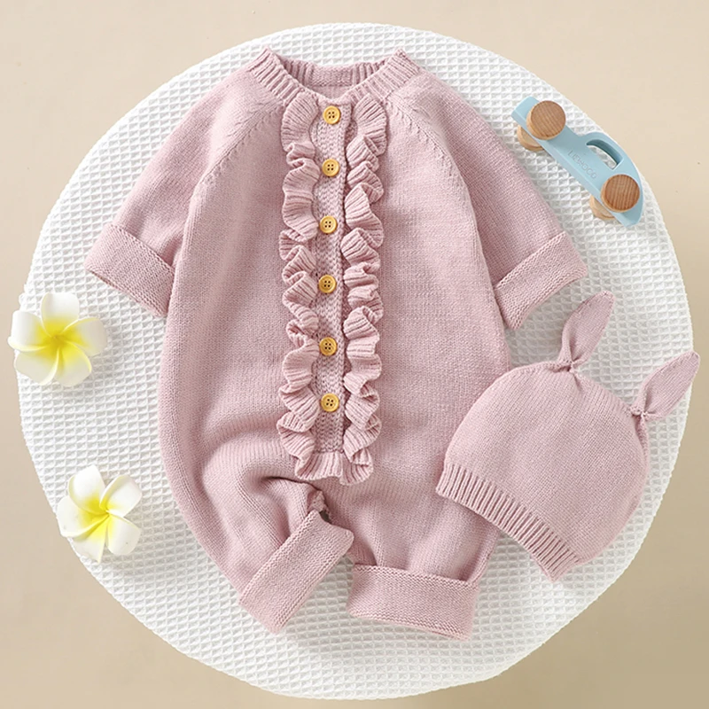 Baby Girls Rompers Clothes Autumn Ruffle Long Sleeve Knitted Newborn Infant Boys Onesie Hats Outfits Toddler Children Jumpsuits