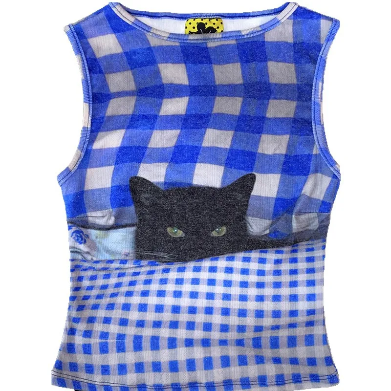 Y2K Blue Checkered Black Cat Print Sleeveless Vest Slim Fit Sexy Retro for Women
