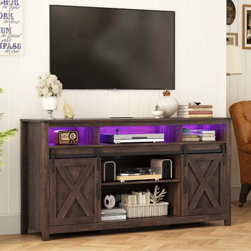 61.5IN Farmhouse LED TV Stand for 65/70inch TV, Modern TV Stands for Living Room with RGB LED,TV Entertainment Center