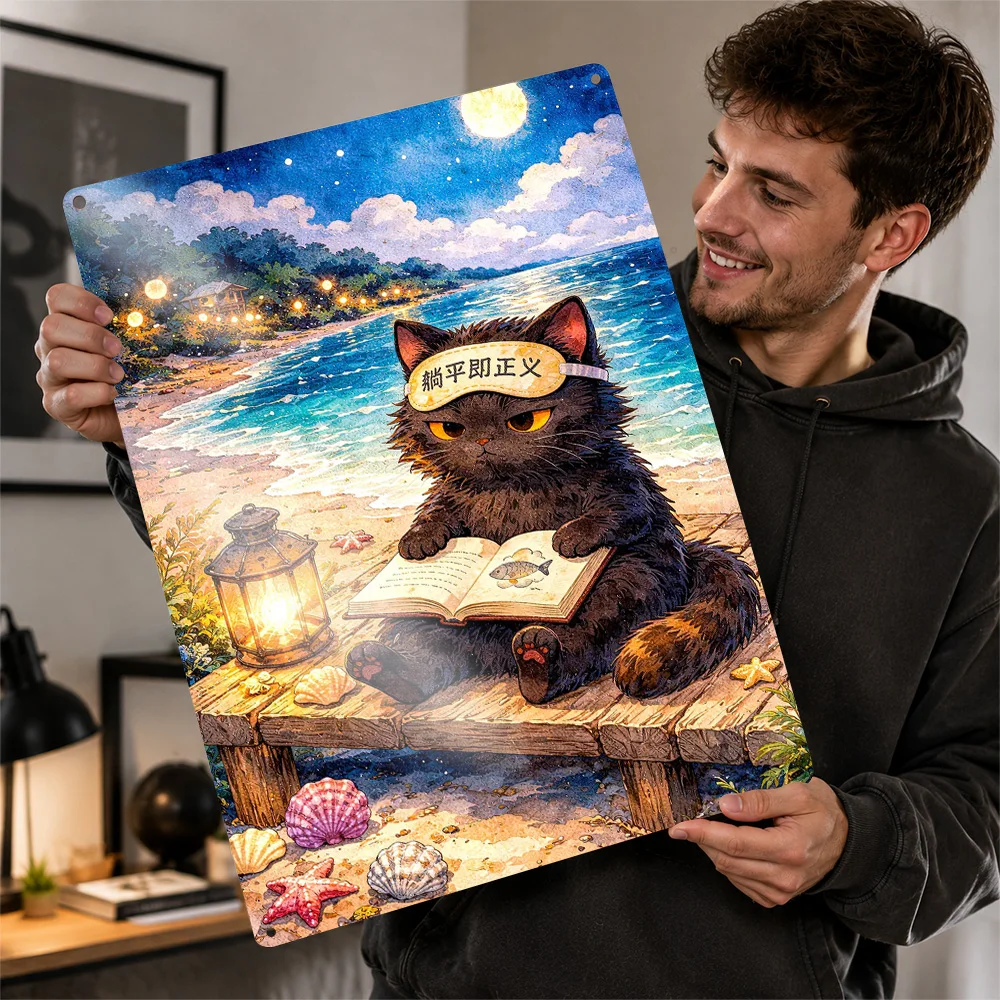 Black Cat Reading On A Beach At Night Aluminum Poster Customized Metal Sign Striking Colorful Animal Wall Art For Home Offices