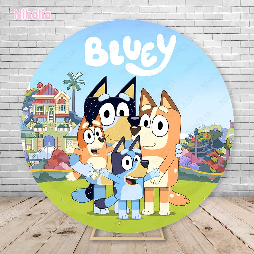 Cartoon Animation Bluey Theme Round Backdrop Cover Kid Boy Birthday Party Background Photography Cylinder Banner Decor Banner