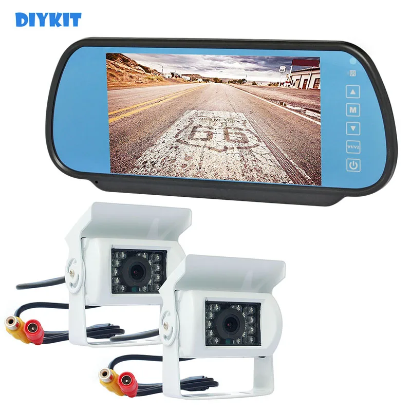 DIYKIT 7inch Mirror Monitor Car Monitor Waterproof IR Night Vision CCD Rear View Car Camera White for Truck Caravan Bus Van 1V2