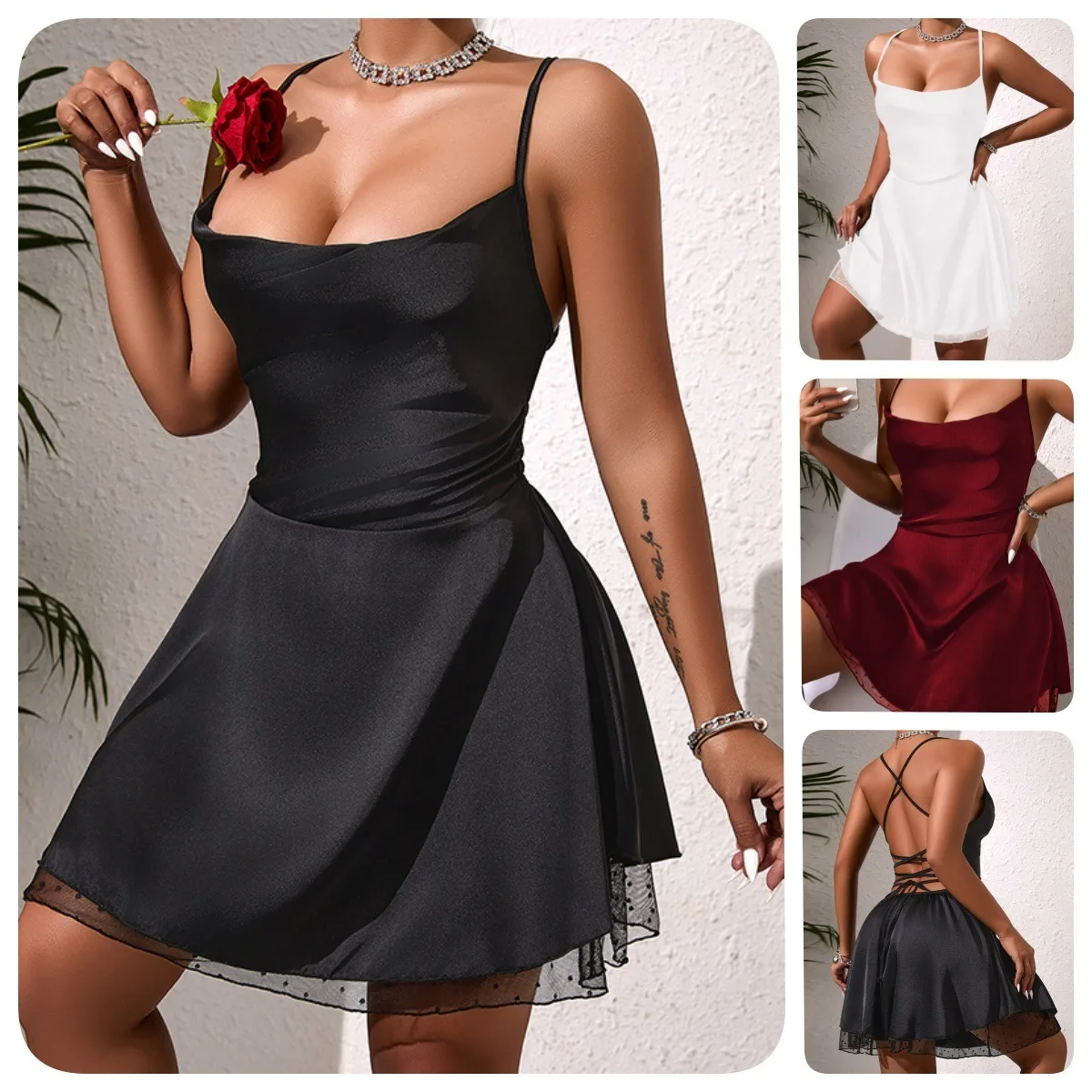 

New Satin Camisole Dress Backless Cross Strap Lace Patchwork Loungewear Backless Deep V Sleeveless Dress Pure Desire Casaul