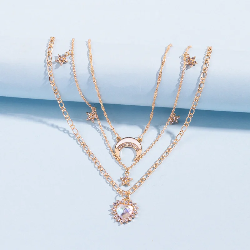 Multi Layer Gold Color Alloy Necklace Heart Moon Star Pendant Necklace Layered Synthetic Diamond Star Moon Choker Necklace For W - view 4