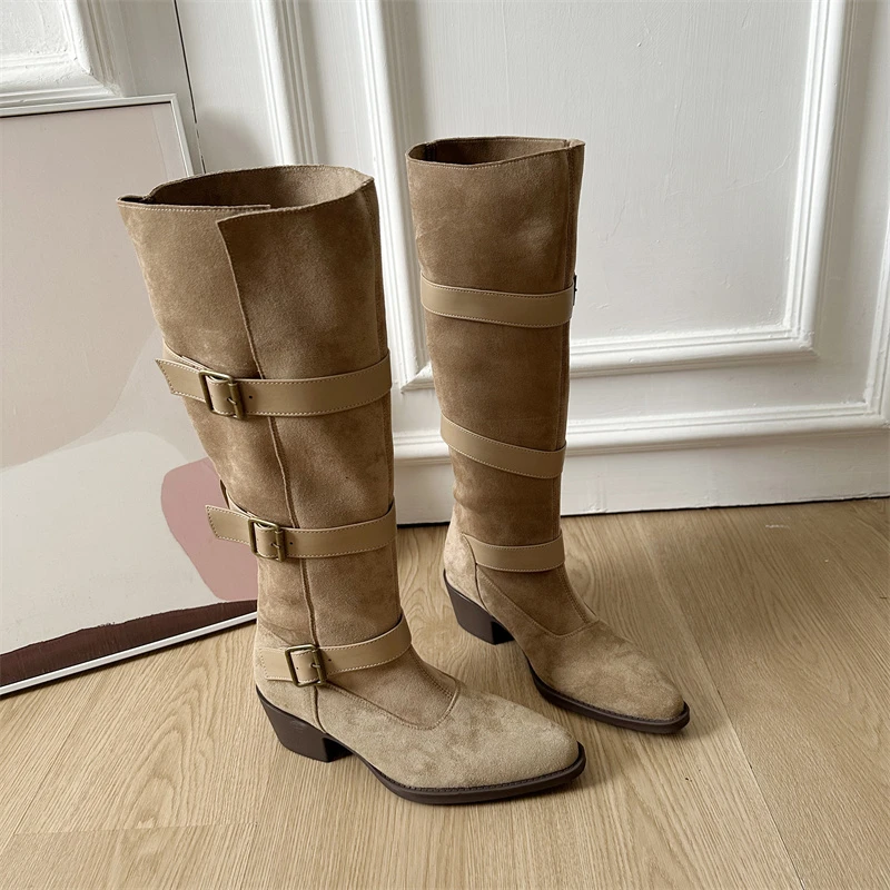 

Leather Pointed Toe Mid Heel Square Heel Knee-high 2025 High Quality Buckle Novelty Women's Boots Water Proof Comfortable Shoes