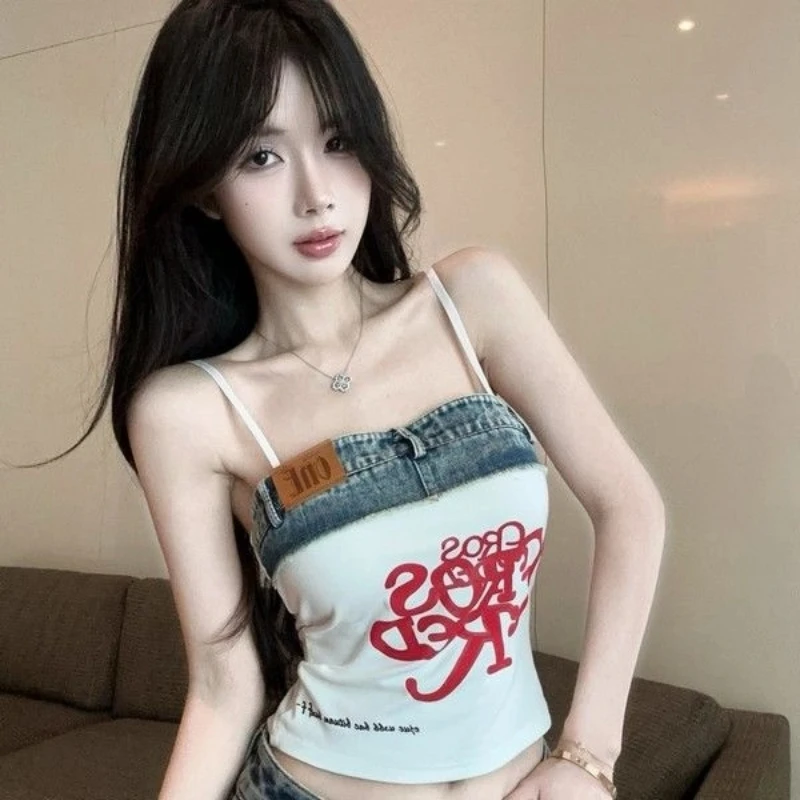 

Y2K Off Shoulder Letter Print Short Tanks Women Clothing New Summer Slim Youth Contrast Patchwork Sexy Tops Fashion Korean Trend